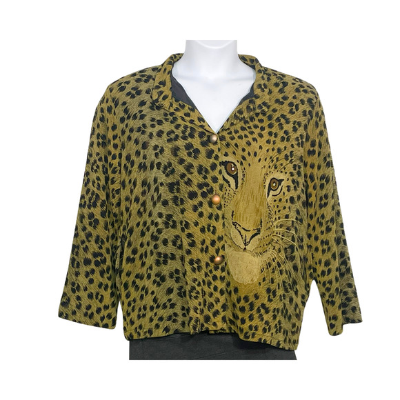 Jackets Galore Sz XL Button Down Jacket w/Collar Cheetah Leopard Print Cat Face - Picture 1 of 8